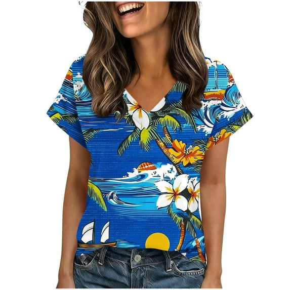 qucoqpe Womens Summer Tops Fashion Floral Printed Short Sleeve T Shirts Casual V Neck Cute Trendy Tunic Blouses