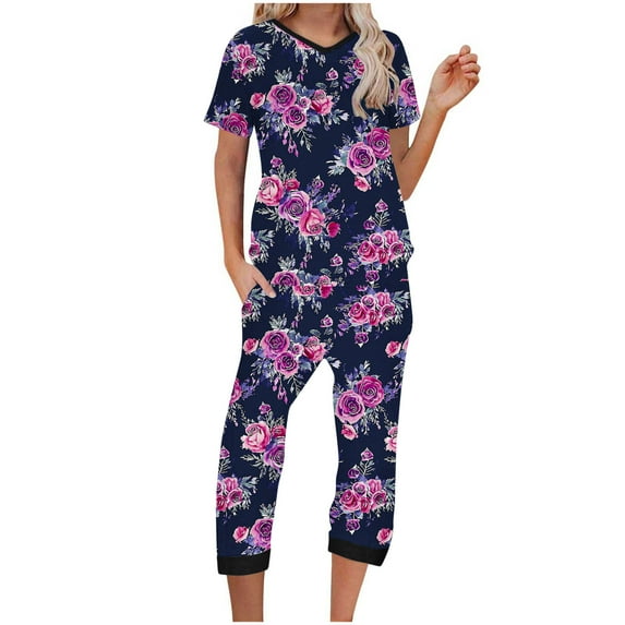 qucoqpe Comfy Lounge Sets for Women Short Sleeve V-Neck Tops and Floral Print Wide Leg Pants Loose Capri Pajama Set