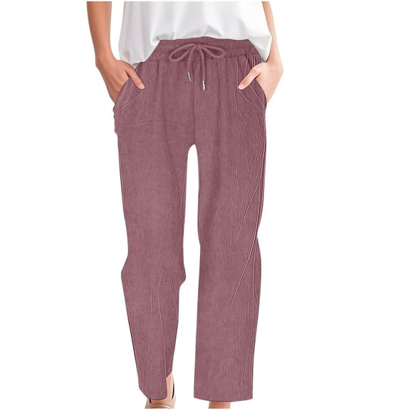qucoqpe Corduroy Pants for Women Casual Drawstring Elastic High Waist Straight Leg Pants Loose Comfy Trousers with Pockets