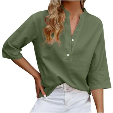 qucoqpe Cotton Linen Shirts for Women Casual V Neck Solid 3/4 Sleeve Loose Blouse Tops with Button on Clearance