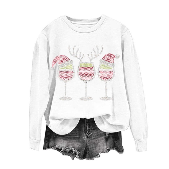 qucoqpe Crewneck Sweatshirt for Women Fall Fashion Womens Christmas Wine Glass Rhinestone Pullover Tops Casual Bling Sparkly Long Sleeve Shirts