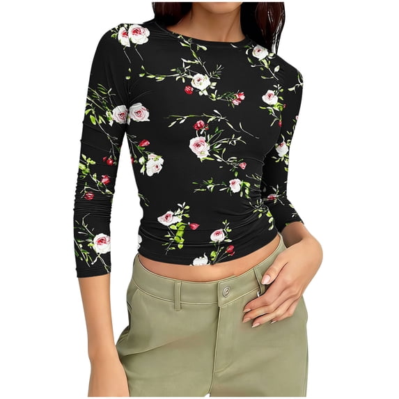 qucoqpe Crop Tops for Women Summer Fashion Casual Floral Printed Crew Neck 3/4 Sleeve Shirts Slim Fit Blouses