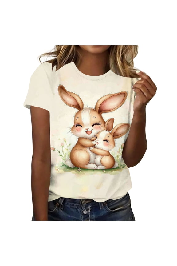 Easter Shirts for Women Summer Plus Size Round Neck Short Sleeve Bunny Print Tops Casual Loose Graphic Tees