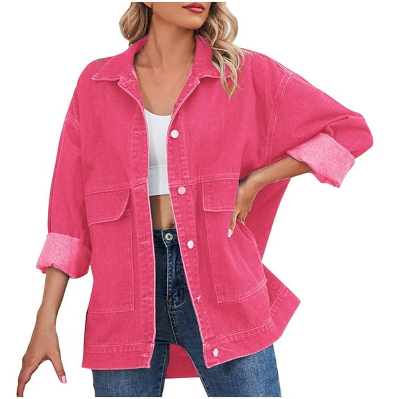 qucoqpe Fashion Oversized Jean Jackets for Women Fall Winter Lapel Neck Button Down Denim Jacket Coat Western Shacket Jacket with Pockets