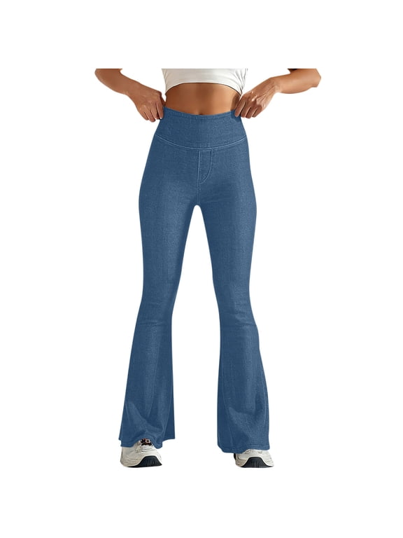 Flare Jeans for Women Trendy High Waisted Pull On Yoga Pants Stretchy Wide Leg Leggings with Pockets