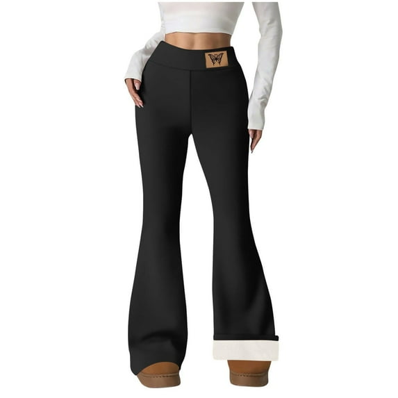 qucoqpe Fleece Lined Flare Leggings Women High-Waist Letter Print Joggers Fall Winter Warm Plushy Yoga Pants