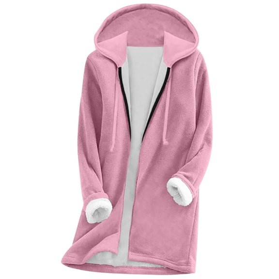 qucoqpe Fuzzy Fleece Winter Coats for Women Trendy Casual Hooded Full Zip Plushy Coat with Pockets Cozy Warm Outerwear