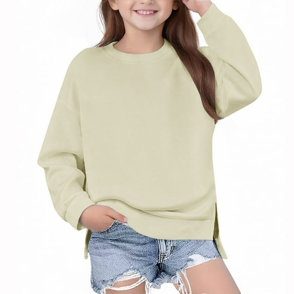 qucoqpe Girls' Asymmetrical Hem Sweatshirt Big Kids' Long Sleeve Crewneck Pullover Soft Fleece-Lined Winter Top Trendy Casual Loungewear