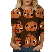 qucoqpe Halloween Plus Size T Shirts for Women Halloween Pumpkin Witch Graphic Tees Casual Loose 3/4 Sleeve Crewneck Holiday Shirts Tops on Clearance