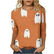qucoqpe Halloween Plus Size T Shirts for Women Halloween Pumpkin Witch Graphic Tees Casual Loose 3/4 Sleeve Crewneck Holiday Shirts Tops on Clearance
