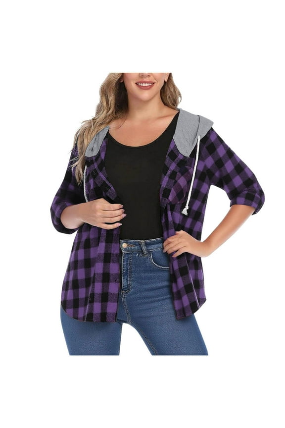 Hooded Flannel Plaid Shirt for Women Stylish Casual Button Down Hoodie Shirts Womens Long Sleeve Loose Jackets Tops