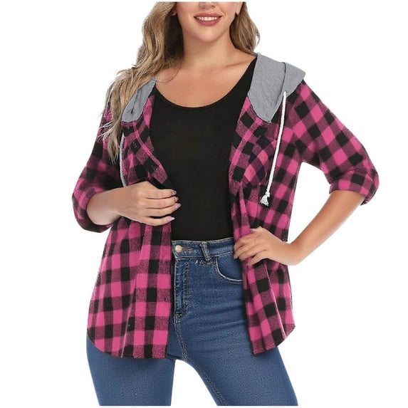 qucoqpe Hooded Flannel Plaid Shirt for Women Stylish Casual Button Down Hoodie Shirts Womens Long Sleeve Loose Jackets Tops