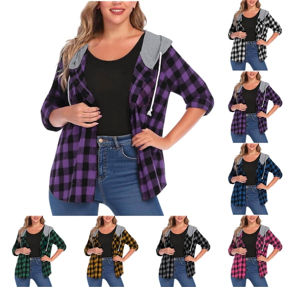 qucoqpe Hooded Flannel Plaid Shirt for Women Stylish Casual Button Down Hoodie Shirts Womens Long Sleeve Loose Jackets Tops