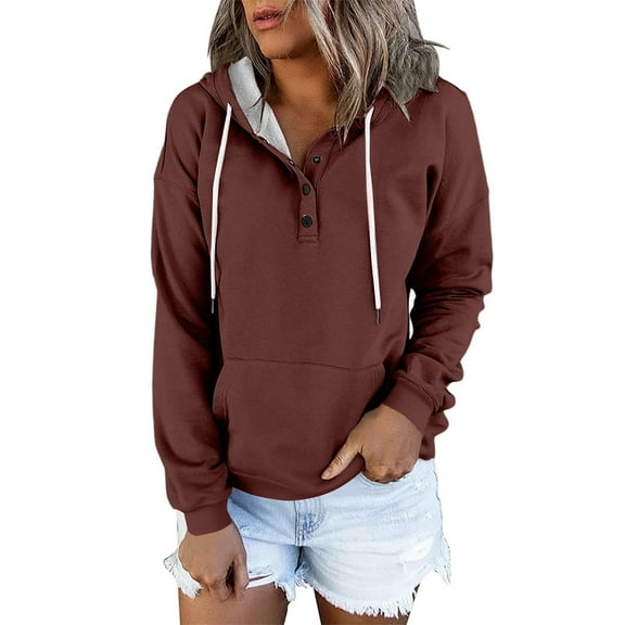 qucoqpe Hoodies for Women Fall Fashion Buttons Collar Long Sleeve Hooded Sweatshirt Casual Drawstring Pullover Tops