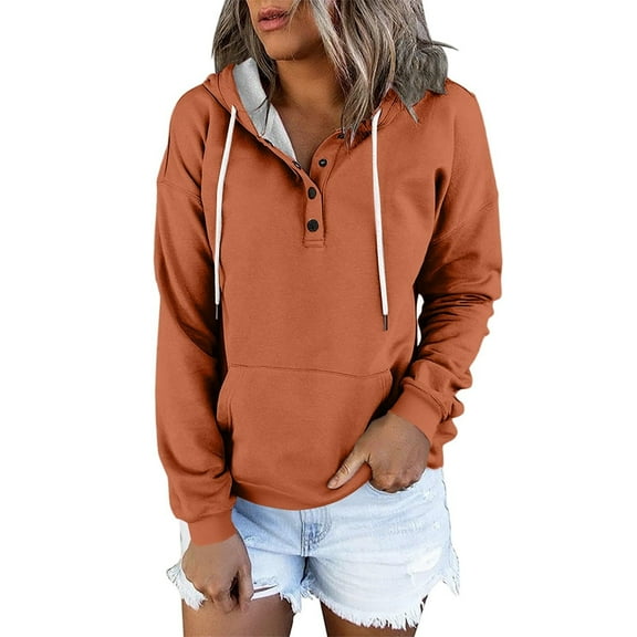 qucoqpe Hoodies for Women Fall Fashion Buttons Collar Long Sleeve Hooded Sweatshirt Casual Drawstring Pullover Shirts Womens Tops