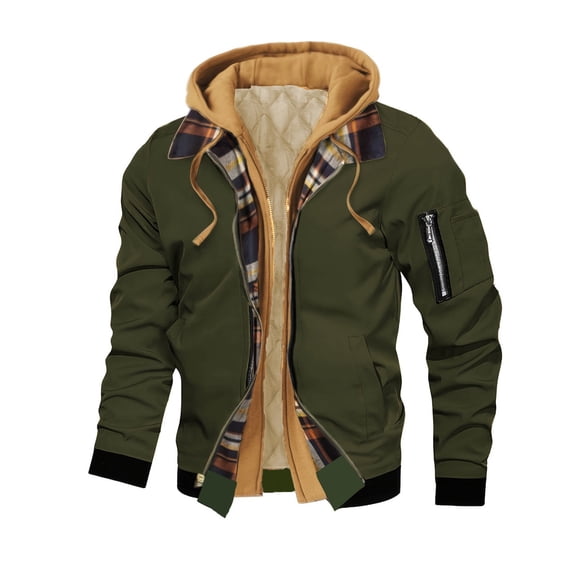 qucoqpe Jackets for Men 2025 Fall Winter Fashion Color Block Zipper Coats Long Sleeve Adjustable Drawstring Outerwear Zip Up Hooded Cargo Jacket with Multi Pockets