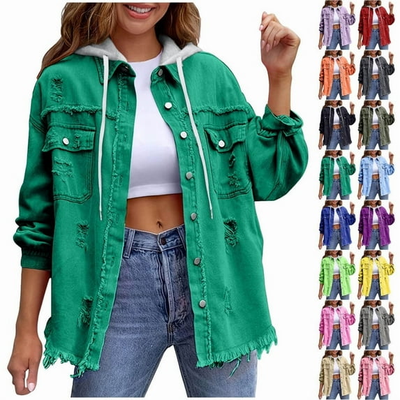 qucoqpe Jean Jacket Women Trendy Solid Ripped Frayed Hem Denim Jacket Detachable Hooded Oversized Jean Jacket Casual Long Sleeve Shackets