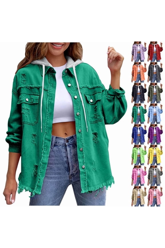 Jean Jacket Women Trendy Solid Ripped Frayed Hem Denim Jacket Detachable Hooded Oversized Jean Jacket Casual Long Sleeve Shackets