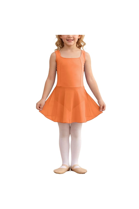 Kids Ballets Dance Dresses Tulles Flowy Square Neckline Sleeveless Solid Color Leotards for Girls