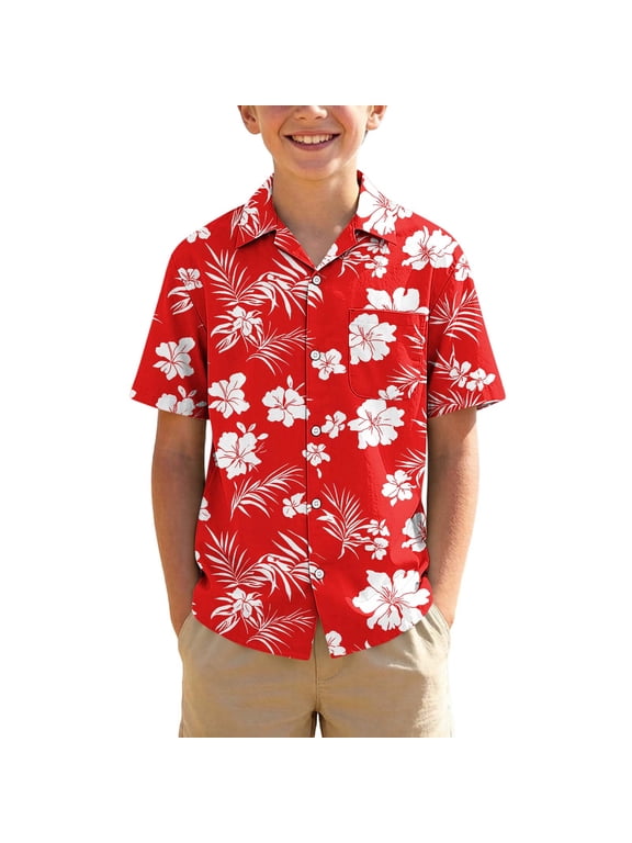 Kids Hawaiian Shirt Short Sleeve Tropical Floral Beach Vacation Summer Short Sleeve Collared Button Pocketed Down Boys and Girls Shirts Trendy Casual Thin Comfy Tops for Teens