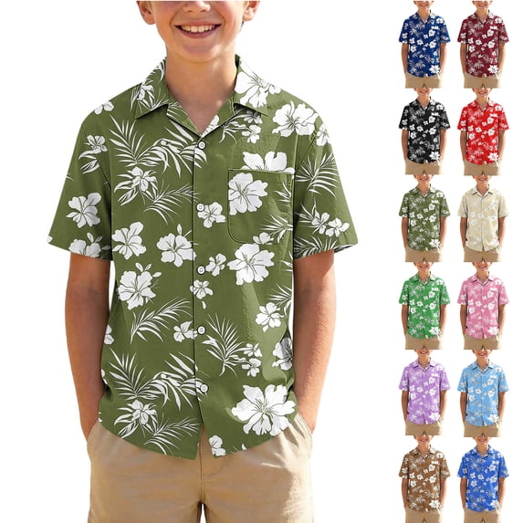 qucoqpe Kids Hawaiian Shirt Short Sleeve Tropical Floral Beach Vacation Summer Short Sleeve Collared Button Pocketed Down Boys and Girls Shirts Trendy Casual Thin Comfy Tops for Teens