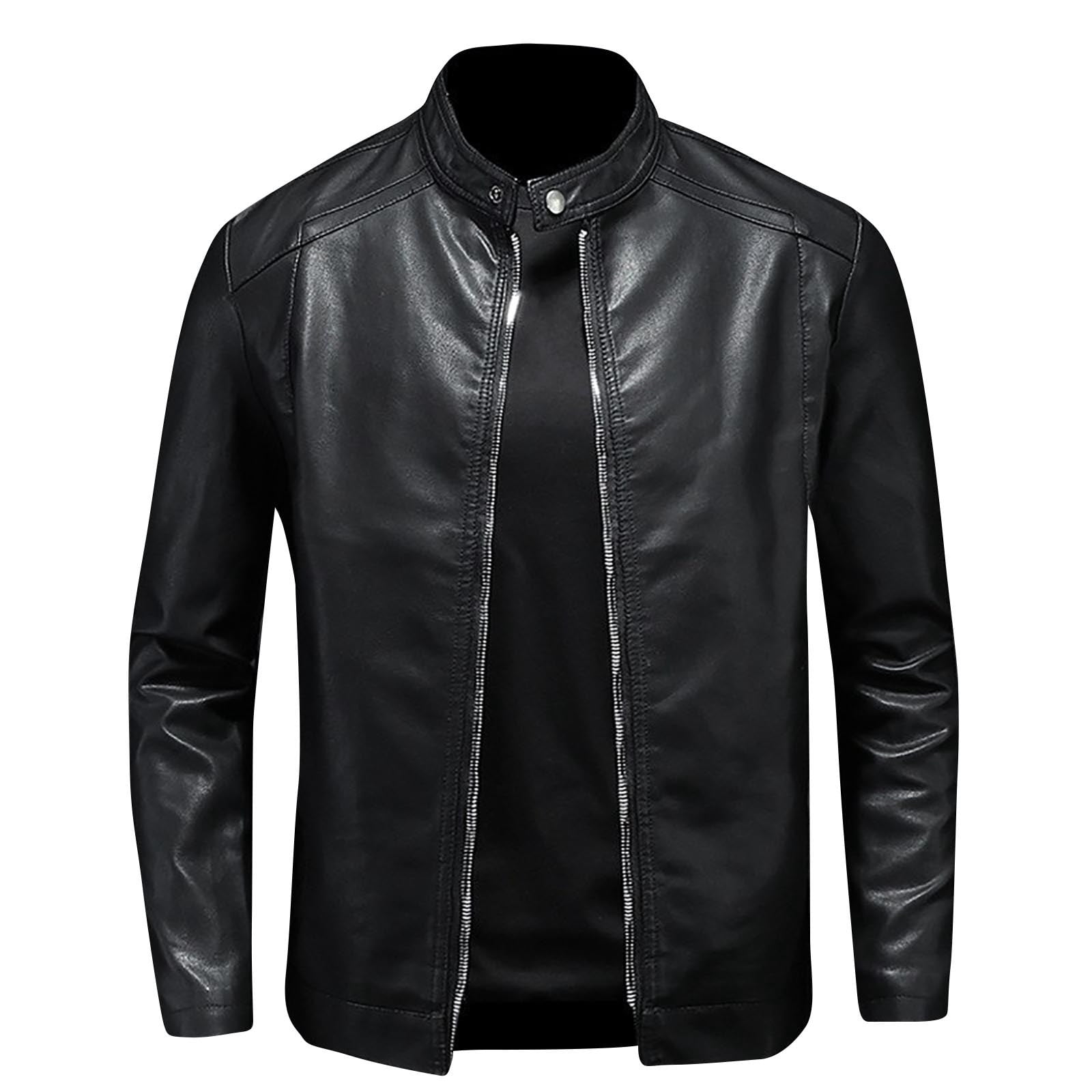 qucoqpe Leather Jackets for Men 2025 Winter Fashion Solid Stand Collar Long Sleeve Full Zip Up Windproof Coats