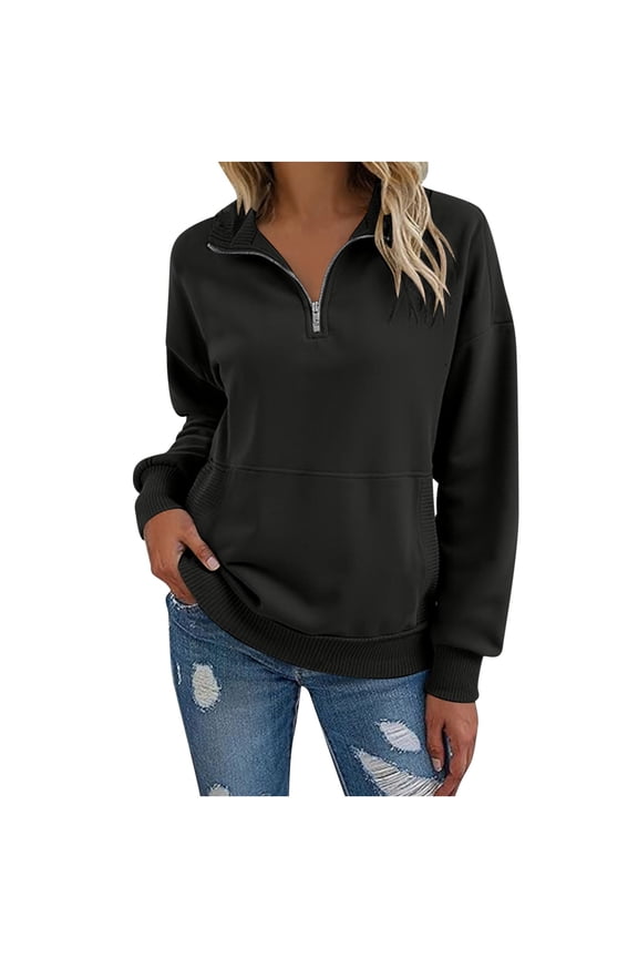 Lightweight Quarter-Zip Sweatshirt for Women Fall Fashion Solid Active Pullover Top Breathable Lapel Long Sleeve Athletic Blouse with Front Pocket