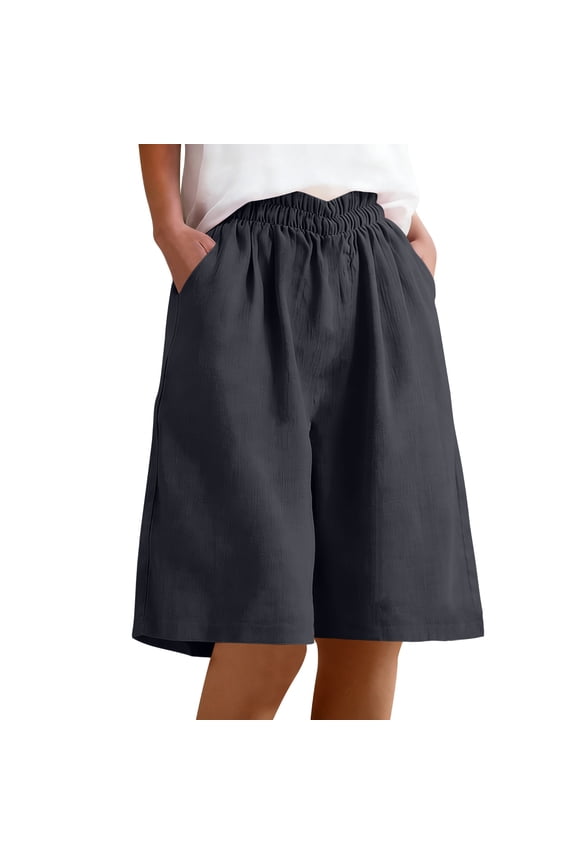 Linen Shorts for Women Loose Fit Knee Length Wide Leg Baggy Shorts Elastic Waist Beach Vacation Bermuda Shorts with Pockets