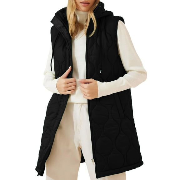 qucoqpe Long Puffer Vest Women Casual Sleeveless Zip Front Hooded Quilted Jackets Coat