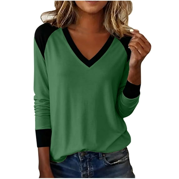 qucoqpe Long Sleeve Shirts for Women Fashion Casual Loose Color Block Tops V Neck T-shirts Lightweight Comfy Blouses