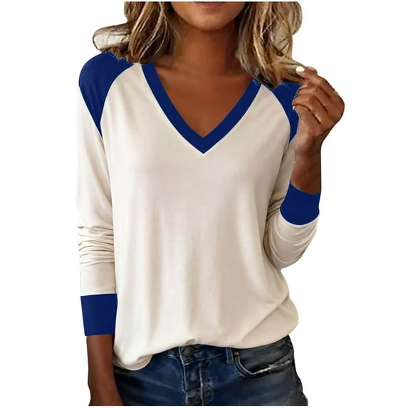 qucoqpe Long Sleeve Shirts for Women Fashion Casual Loose Color Block Tops V Neck T-shirts Lightweight Comfy Blouses