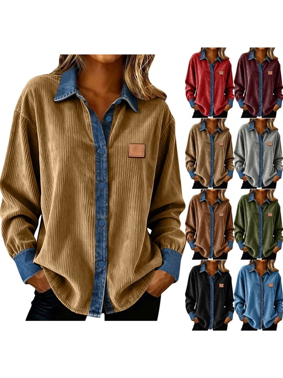 Long Sleeve Shirts for Women Solid Color Corduroy Long Sleeve Button Down Denim Patchwork Tops Jackets