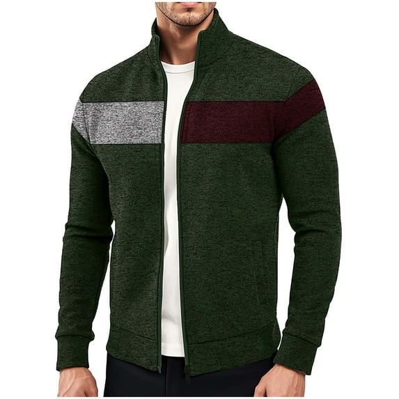 qucoqpe Men Fall Winter Fleece Sports Jacket Fashion Stand Collar Long Sleeve Zip-Up Casual Color-Block Sweatshirt Jacket Top