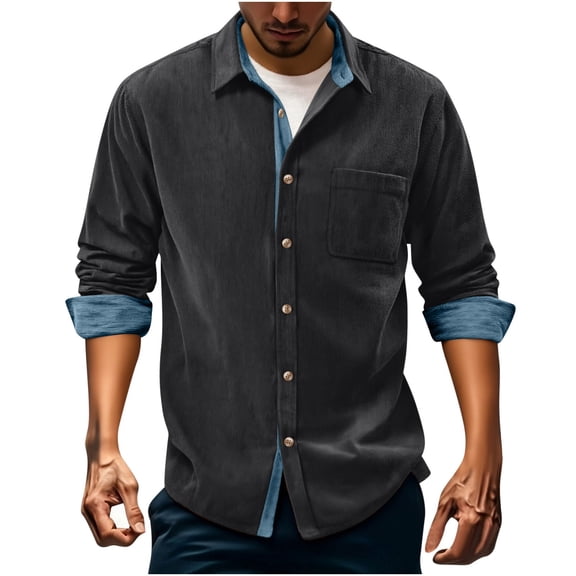 qucoqpe Men's 2025 Fall Winter Fashion Casual Colorblock Patchwork Lapel Long Sleeve Button Corduroy Blouse Shirt Tops with Pocket