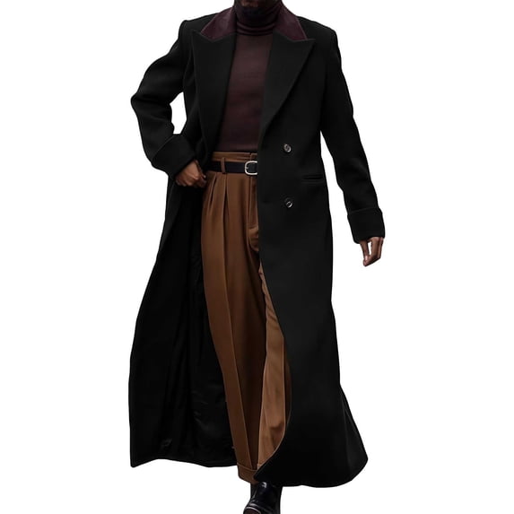 qucoqpe Men's 2025 Winter Fashion Casual Colorblock Patchwork Lapel Collar Pea Coats Long Sleeve Doule Breasted Button Up Windproof Long Jacket with Pockets