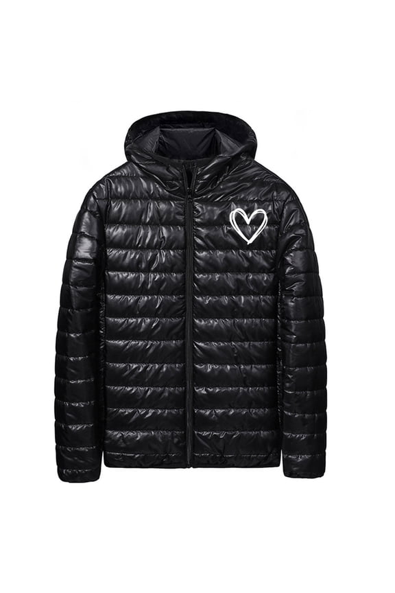 Men's 2025 Winter Fashion Heart Printed Long Sleeve Puffer Parkas Full Zip Up Causal Hooded Jackets