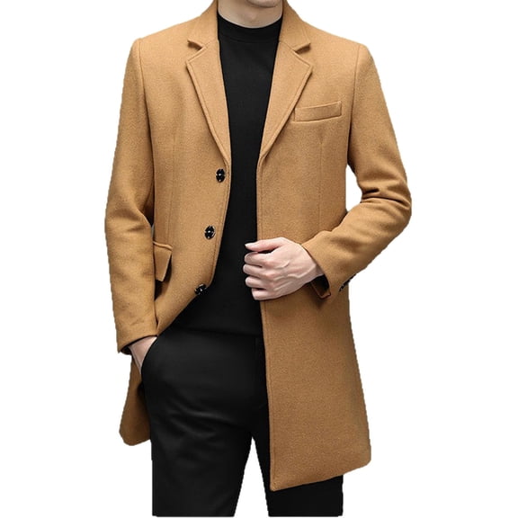 qucoqpe Men's 2025 Winter Fashion Solid Lapel Pea Coats Long Sleeve Button Up Windproof Mid Length Cardigan Jacket with Flap Pockets