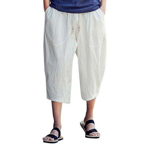 qucoqpe Men's Baggy Linen Capri Pants, Fashion Cotton Lined Harem Pants with Pockets Casual Loose Fit Drawstring Wide Leg Yoga Long Shorts Sports Trousers