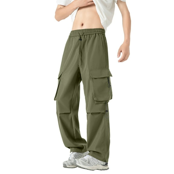 qucoqpe Men's Casual Cargo Pants Baggy Workout Joggers Sweatpants Drawstring Hiking Athletic Trousers with Multi Zipper Pockets