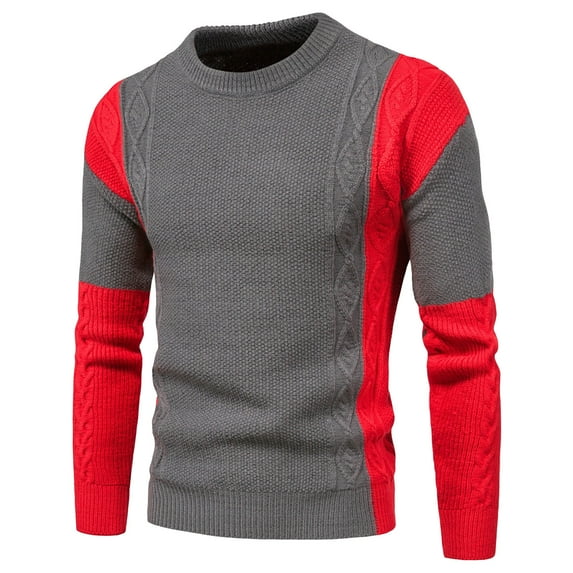 qucoqpe Men's Casual Color Block Long Sleeve Crewneck Cable Knit Pullover Sweater