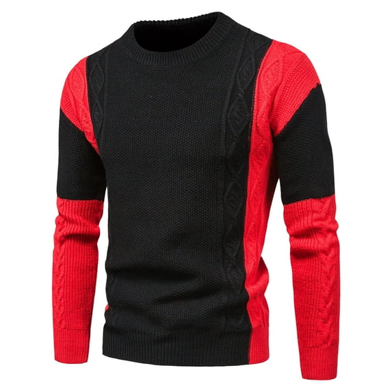 qucoqpe Men's Casual Color Block Long Sleeve Crewneck Cable Knit Pullover Sweater