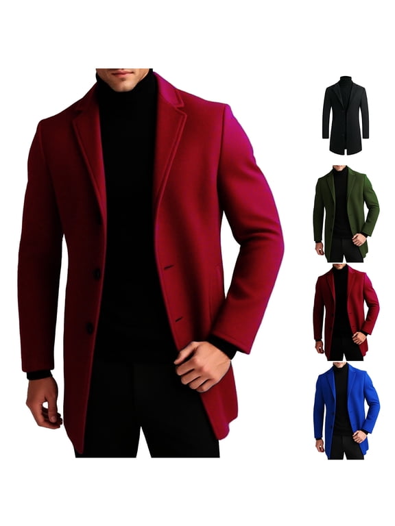 Men's Classic Single-Breasted Wool Coat Formal Long Sleeve Overcoat with Pockets Fall Winter Trendy Trench Jackets for Men