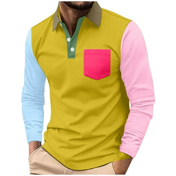 qucoqpe Men's Color Block Long Sleeve Shirt Casual Buttons Lapel Patchwork T-Shirt Style Top Lightweight Fall Winter Sweatshirt Blouse