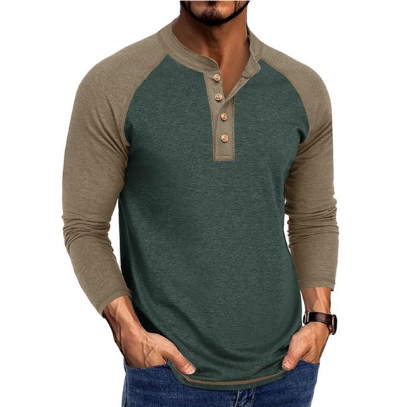 qucoqpe Men's Color-Blocked Casual Shirt with Contrast Stitching and Button Placket Round Neck Long Sleeve Top