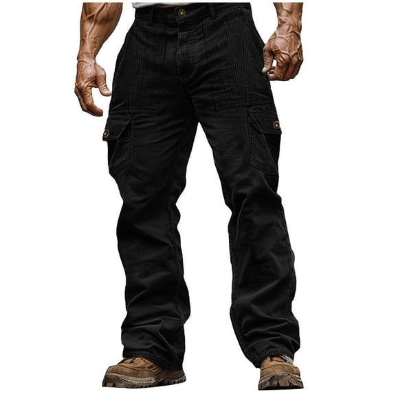 qucoqpe Men's Corduroy Cargo Pants Classic Casual Solid Work Trousers with Pockets for Men