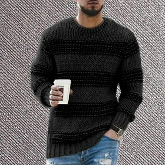 qucoqpe Men's Crewneck Pullover Sweater Classic Stripes Soft Knitted Sweaters with Ribbing Edge on Clearance