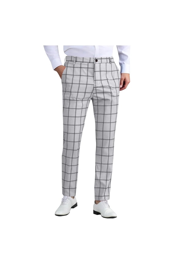 Men's Plaid Dress Business Pants with Pockets Casual Skinny Chino Pants Slim Fit Tapered Leg Stretch Trousers