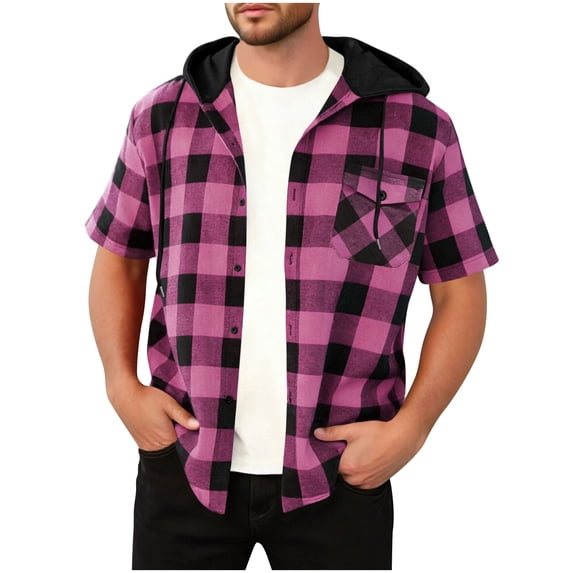 qucoqpe Men's Short Sleeve Hooded Flannel Shirt Button Down Casual Plaid Shirts Jackets with Pocket