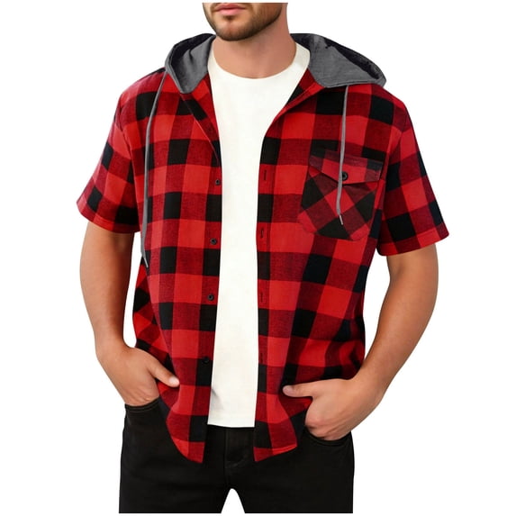 qucoqpe Men's Short Sleeve Hooded Flannel Shirt Button Down Casual Plaid Shirts Jackets with Pocket