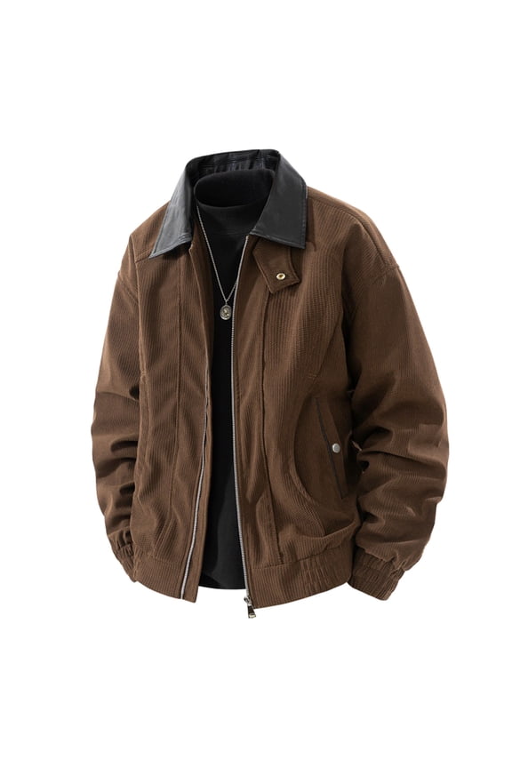 Men's Solid Color Leather Neck Work Jackets 2025 Fall Winter Zip Up Long Sleeve Coat Mens Lightweight Casual Cropped Jacket with Pockets